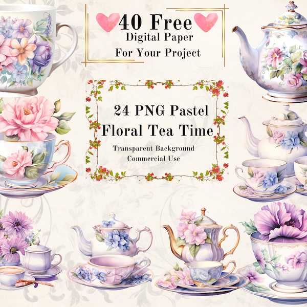 24 PNG Pastel Floral Tea Time Watercolor Clipart Bundle: Junk Journal Fantasy Tea Pot Magic Tea Cup Vintage Tea Party Watercolor PNG