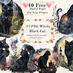 17 PNG Bruxa Gato Preto Aquarela Clipart Pacote: Fantasia Bruxa Gato Clipart Bruxaria PNG Gato Preto Celestial Silhueta de Gato Espiritual