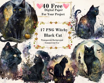 17 PNG Witchy Black Cat Watercolor Clipart Bundle: Fantasy Witch Cat Clipart Witchcraft PNG Celestial Black Cat Spiritual Cat Silhouette