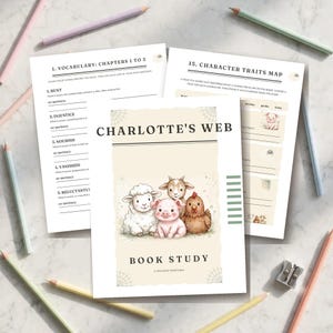 May include: A Charlotte's Web book study printable set featuring a cover page with a sheep, pig, goat, and chicken illustration. The pages include vocabulary exercises for chapters 1 to 3 and a character traits map with space for written notes.