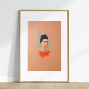 May include: A framed painting of a woman with dark hair and a red shirt. The background is a light peach color.