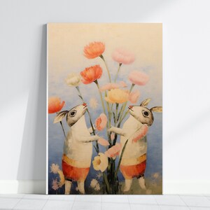 Two Rabbits Together, Canvas Art | Flowers, Rabbit Wall Art Print, Wall Decor, Kids Wall Art, Heart Warming Art, Oil Painting