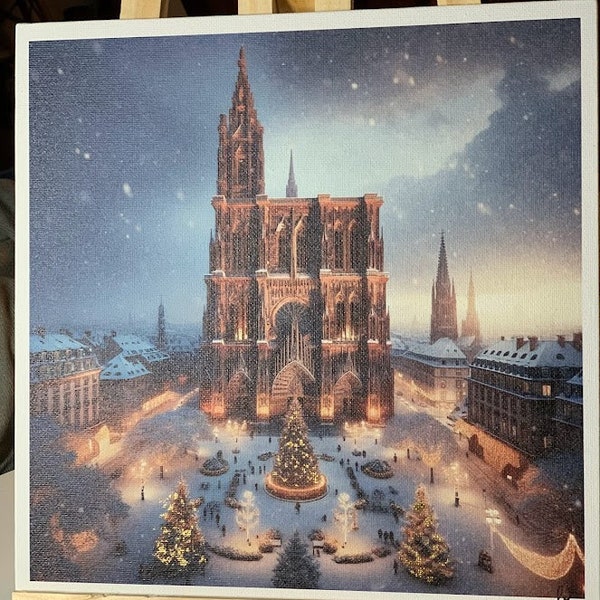 Tableau Noël Strasbourg HD, Dorure à la Main, 25x25 cm - Unique