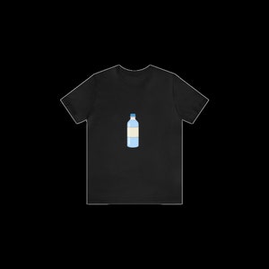 May include: Black t-shirt with a cartoon image of a blue water bottle.