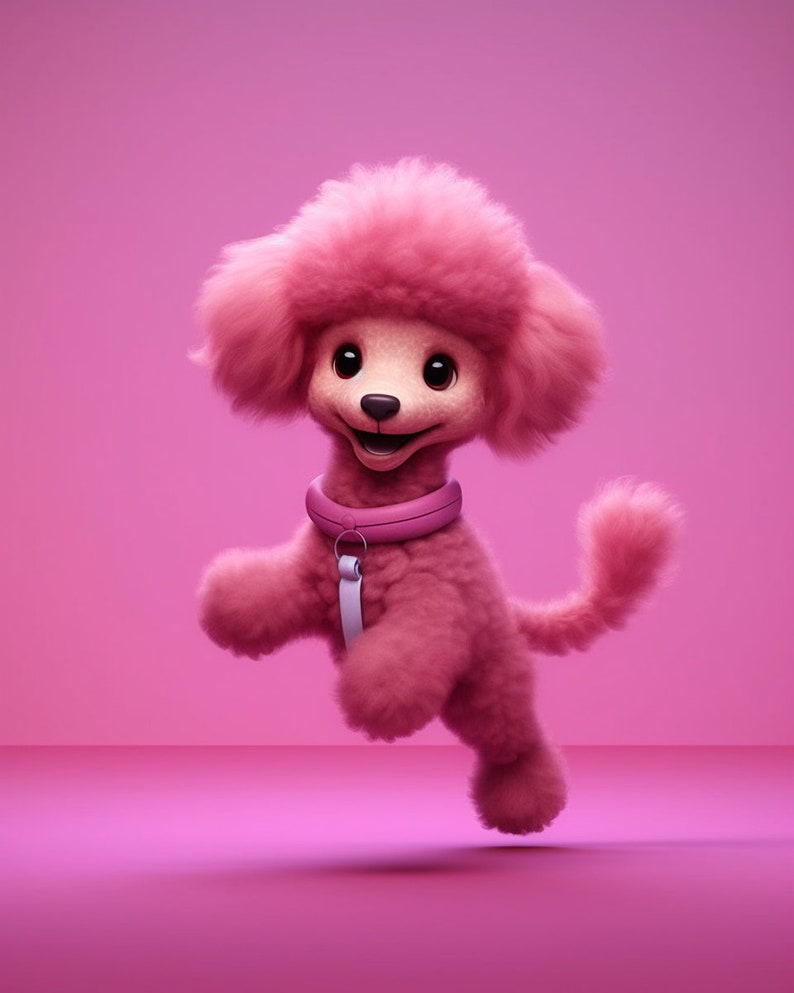 May include: A pink poodle with a pink collar and leash jumps in the air against a pink background.