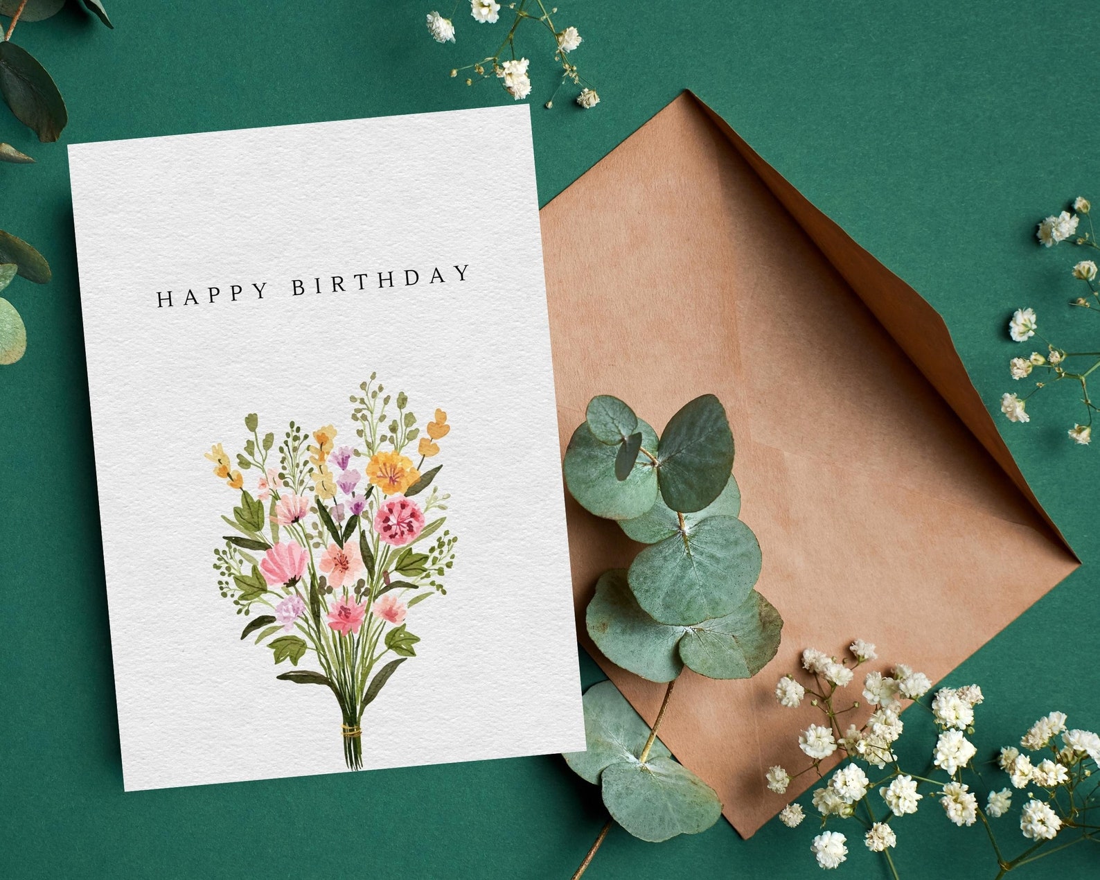 Happy Birthday Card With Flower Bouquet Floral Printable Etsy