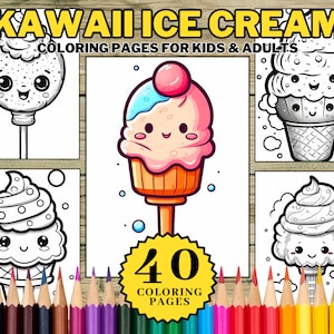 子供と大人のためのかわいいアイスクリームの塗り絵ページ かわいいカラーブックシート デジタルファンタジー塗り絵、芸術的な塗り絵ページ PDF
