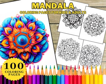 100 Colorful Mandala Digital Download Coloring Book Pages For Kids And Adults, Grayscale Printable PDF Downloadable Coloring Book Pages