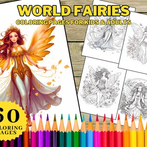 60 World Fairie Malbuch Seiten Für Kinder & Erwachsene, Fairie Coloring, Herunterladbare Druckbare PDF Graustufen Malbuch Seiten Illustrator