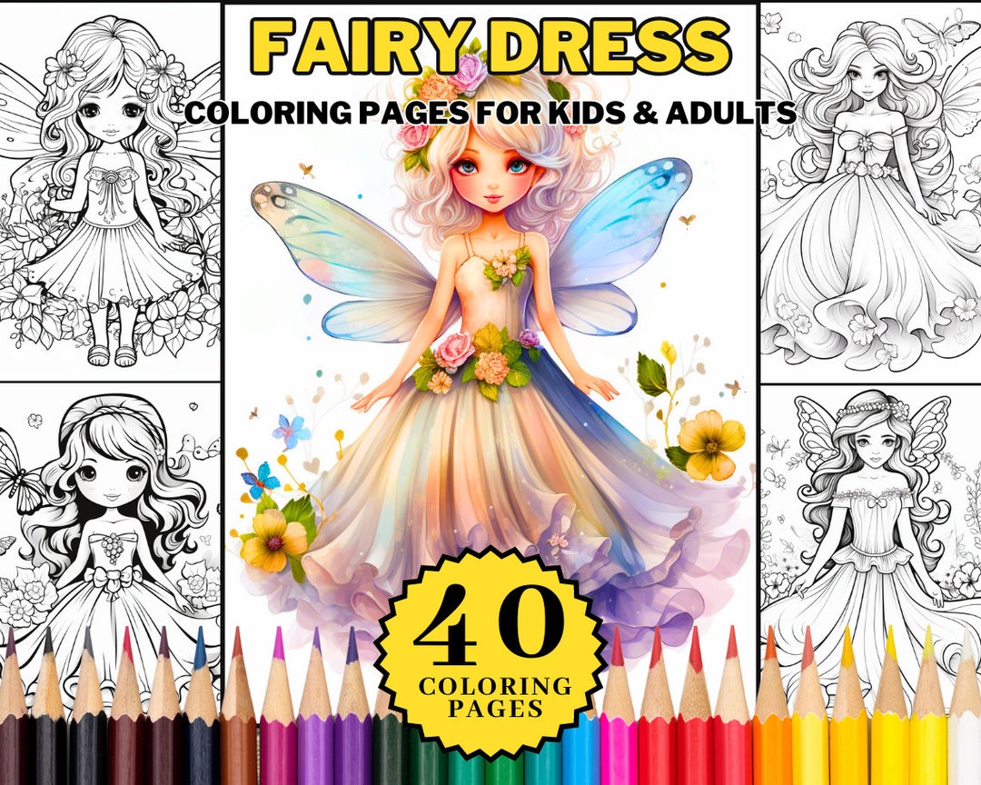 Fairy Dress Coloring Book Page for Kids & Adults Printable, Dresses