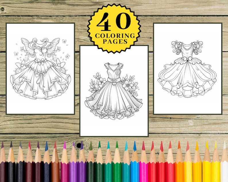Fairy Dress Coloring Book Page for Kids & Adults Printable, Dresses ...
