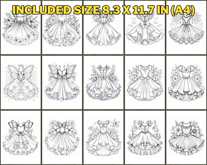 Fairy Dress Coloring Book Page for Kids & Adults Printable, Dresses ...