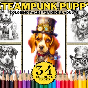 34 Puppy Dog Steampunk Coloring Book Page For Kids & Adults, Downloadable Printable PDF Grayscale Coloring Book Pages Draw, Instant Download