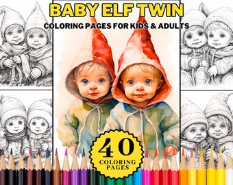 Fairy Baby Elf Twin Coloring Book Pages For Kids & Adults, Forest Elf Coloring Book Grayscale Printable PDF Downloadable Coloring Book Pages