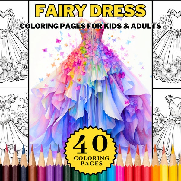 Fairy Dress Coloring Book Page For Kids & Adults Printable, Dresses Coloring, Digital Fantasy Coloring Book, Artful Coloring Book Pages PDF