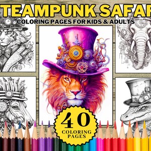 40 Safari Animal Steampunk Coloring Book Page For Kids & Adults, Downloadable Printable PDF Grayscale Coloring Book Pages Draw Lion Giraffe