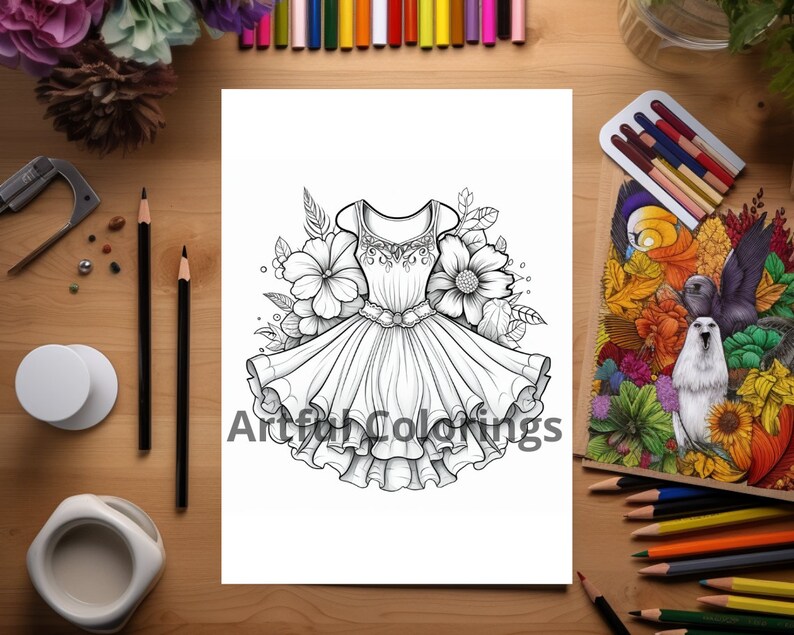 Fairy Dress Coloring Book Page for Kids & Adults Printable, Dresses