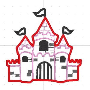 Könnte beinhalten: Ein rosa und rotes Schloss mit drei Türmen und schwarzen Flaggen. Das Schloss hat ein Tor und Fenster.