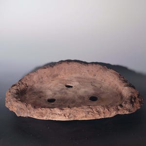 May include: A brown, oval-shaped, terracotta planter with a rough, textured surface and three drainage holes.