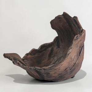 May include: A large, organic-shaped bowl with a textured, wood-like appearance. The bowl is primarily brown with dark brown and black streaks, creating a natural, weathered aesthetic. The design features a wave-like rim.