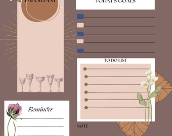 Puede incluir: Una página de planificador diario marrón con secciones para fecha, importante, objetivos, lista de tareas, recordatorio y notas. Incluye ilustraciones florales, una fila de cinco copas de vino y un borde decorativo en la parte inferior.