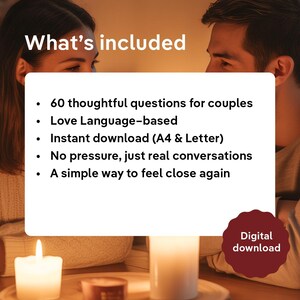 May include: Image features a white card with the text "What's included" and bullet points detailing 60 questions for couples, love language focus, instant download, and real conversations. A digital download badge is visible. Two lit candles and a wooden tray are in the foreground.