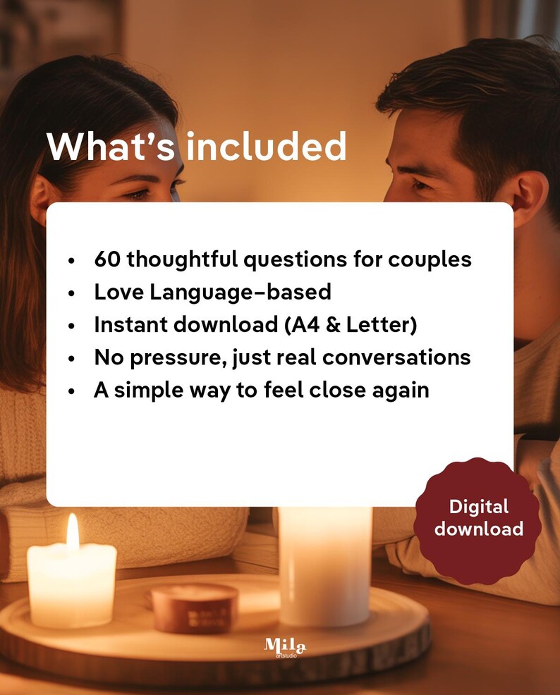 May include: Image features a white card with the text "What's included" and bullet points detailing 60 questions for couples, love language focus, instant download, and real conversations. A digital download badge is visible. Two lit candles and a wooden tray are in the foreground.