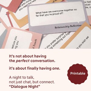 May include: A collection of rectangular cards with rounded corners in shades of pink, gray, and tan, featuring printed questions like What have we overcome together so far that you're proud of? and the text Dialogue Night with a red seal.