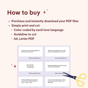 May include: A digital download titled "How to buy" with instructions to purchase, download, print, and cut. The image includes prompts for relationship reflection, with a pair of scissors. The text includes "A4, Letter PDF".