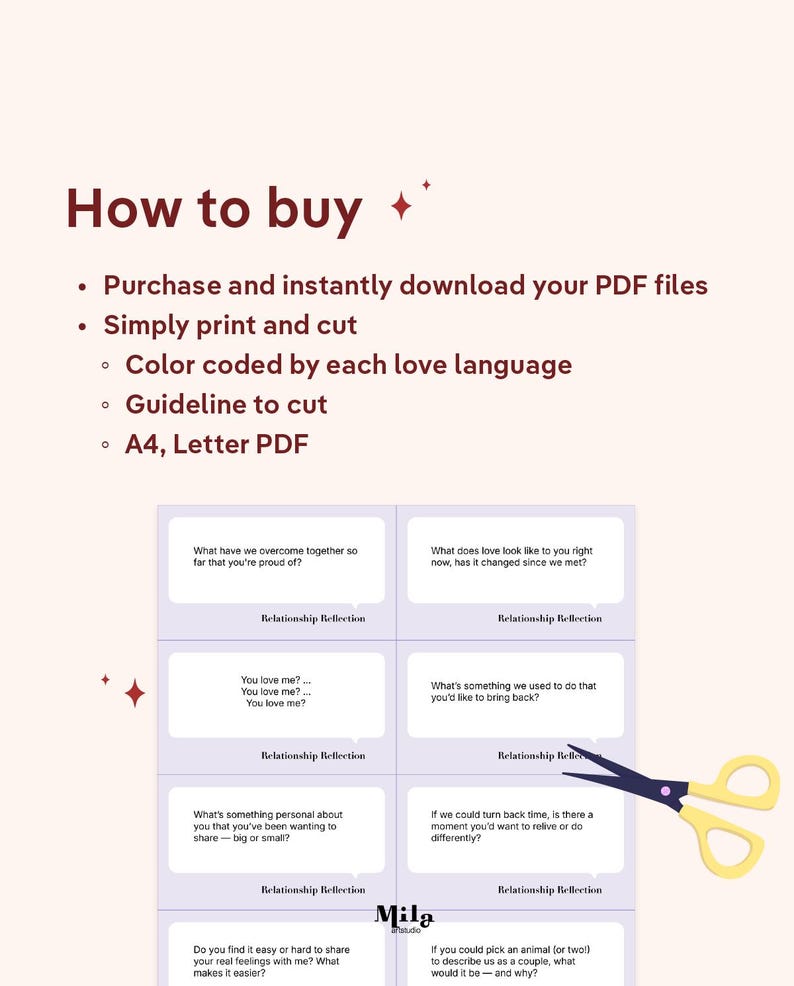 May include: A digital download titled "How to buy" with instructions to purchase, download, print, and cut. The image includes prompts for relationship reflection, with a pair of scissors. The text includes "A4, Letter PDF".