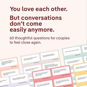 May include: A collection of cards with questions for couples, in shades of pink, purple, and white. The text on the cards includes phrases like "Relationship Reflection" and "Words of Affirmation." The image also features text that reads "You love each other. But conversations don't come easily anymore."
