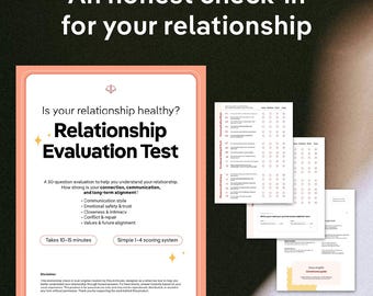 May include: A digital download titled "Relationship Evaluation Test" with the text "An honest check-in for your relationship." The test includes a 30-question evaluation to understand connection, communication, and long-term alignment. It takes 10-15 minutes to complete.