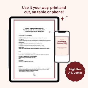 May include: A digital tablet and smartphone displaying a printable Dialogue Night guide. The screen shows text about the 5 Love Languages, including Words of Affirmation, Acts of Service, Receiving Gifts, Quality Time, and Physical Touch.