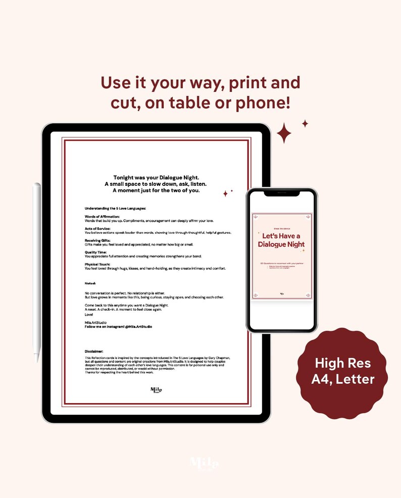 May include: A digital tablet and smartphone displaying a printable Dialogue Night guide. The screen shows text about the 5 Love Languages, including Words of Affirmation, Acts of Service, Receiving Gifts, Quality Time, and Physical Touch.