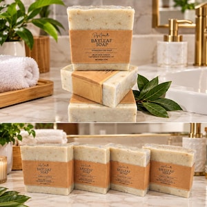 Pode incluir: Uma pilha de três barras retangulares de sabonete Bayleaf embrulhadas em etiquetas de papel castanho com texto preto, ao lado de uma fila de quatro barras idênticas. Cada etiqueta diz Bayleaf Soap, Handcrafted Soap, Made with natural ingredients & essential oil, peso líquido 113g.