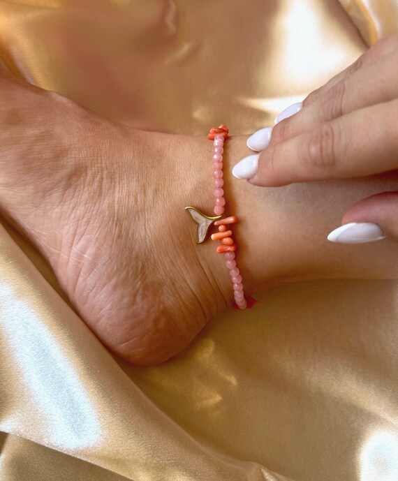 Pink Beaded Whale Tail Anklet: Handmade Enamel Foot Bracelet