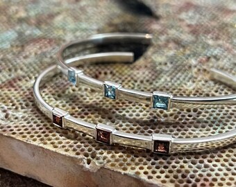 Sterling Silver Gemstone Bracelet: Handcrafted Cuff, Blue Topaz, Red Agate, Tourmaline