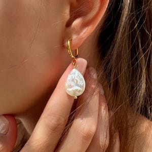 Baroque Pearl Hoop Earrings: Gold Plated Stainless Steel, Freshwater Pearls
