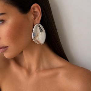 Oversized Mirror Drop Earrings: Sterling Silver Studs, Brass Dangle