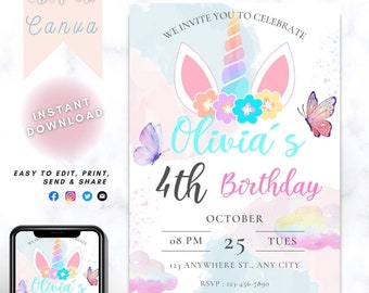 Unicorn Horn Birthday Invitation, Unicorn party invite, pastel rainbow unicorn horn birthday party invitation, instant download template