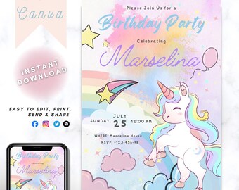 Unicorn Birthday Invitation, Unicorn party invite, pastel rainbow unicorn birthday party invitation, instant download template, fairy invite