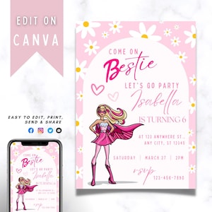 Pink doll Invitation Template, Girl&#39;s Superhero Birthday invitation, Hot Pink Doll Birthday Invite, Pink Barbi Invitation, Editable Canva