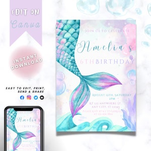 Editable Mermaid tail Birthday Invitation Under The Sea Birthday Invite Mermaid Theme Party Invitation Instant Download email invitation