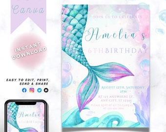 Editable Mermaid tail Birthday Invitation Under The Sea Birthday Invite Mermaid Theme Party Invitation Instant Download email invitation