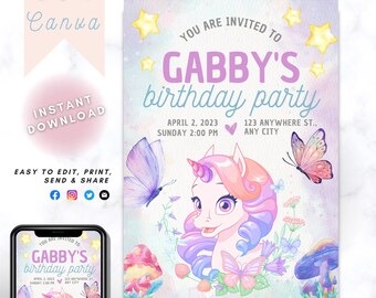 Unicorn Birthday Invitation, Unicorn party invite, pastel rainbow unicorn birthday party invitation, instant download template, fairy invite