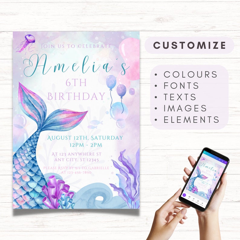 Editable Mermaid tail Birthday Invitation Under The Sea Birthday Invite Mermaid Theme Party Invitation Instant Download email invitation image 3