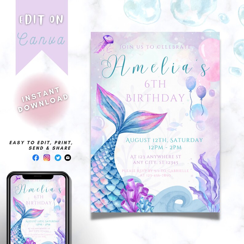 Editable Mermaid tail Birthday Invitation Under The Sea Birthday Invite Mermaid Theme Party Invitation Instant Download email invitation