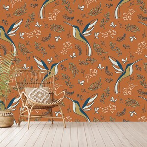 Kolibri Tapete zum Abziehen und Aufkleben, Kolibri Blumen, Retro Style, romantisches Blumenmuster, selbstklebend, zum Abziehen und Aufkleben, Vlies