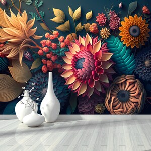 Grand papier peint floral en relief, grande impression murale florale en relief 3D, art mural floral coloré, auto-adhésif, non tissé