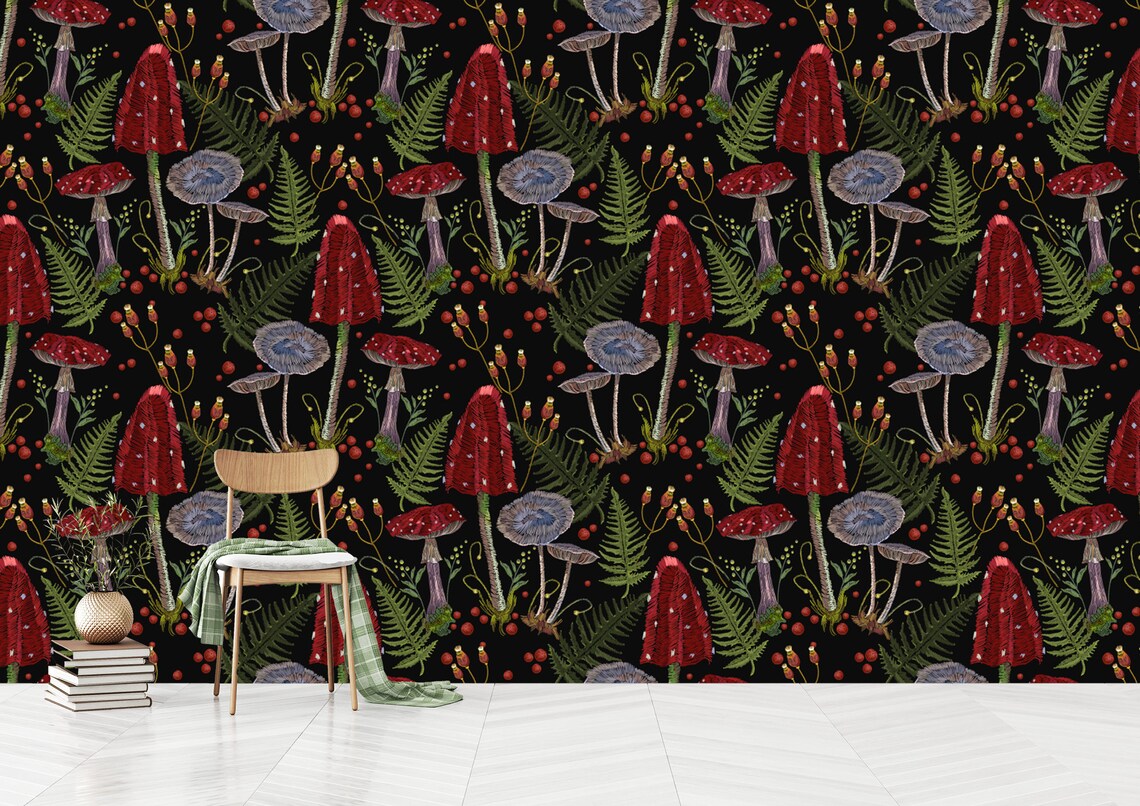 Vintage Mushroom Wallpaper, Mushroom Wallpaper, Peel and Stick ...